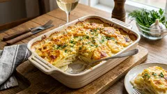 クリームソースで焼いたポテト、黄金色の皮付き：ステップバイステップレシピ